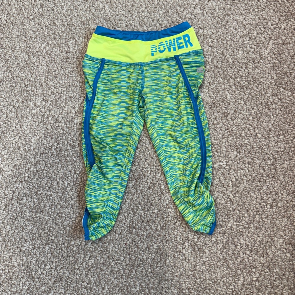 Hind Girls Power Activewear Capri Leggings Neon Yellow Blue Space Dye Size S 7/8